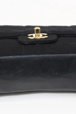 Black wool jersey mixed-media Chocolate Bar flap bag featuring calfskin leather gussets and gold-plated hardware