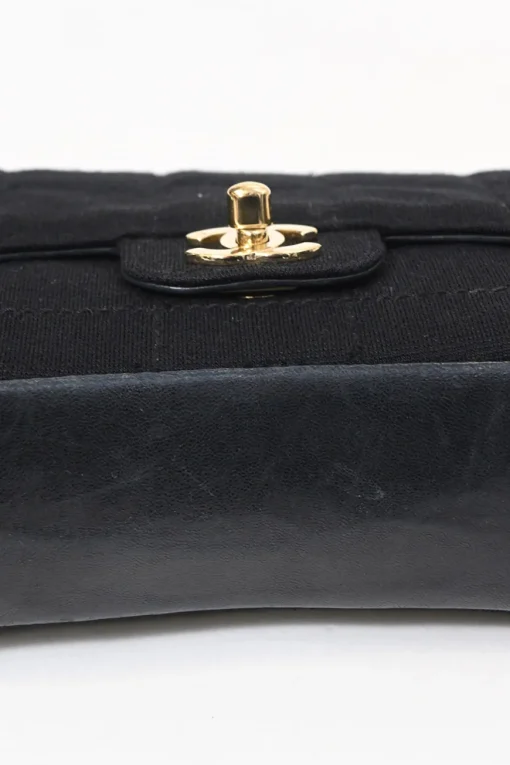 Black wool jersey mixed-media Chocolate Bar flap bag featuring calfskin leather gussets and gold-plated hardware