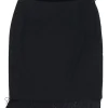 Black wool mini pencil skirt with tonal fringe hem appliqué