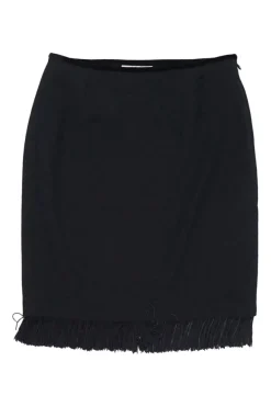 Black wool mini pencil skirt with tonal fringe hem appliqué