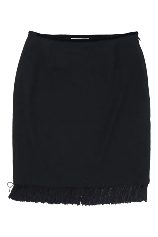 Black wool mini pencil skirt with tonal fringe hem appliqué