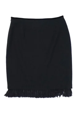 Black wool mini pencil skirt with tonal fringe hem appliqué