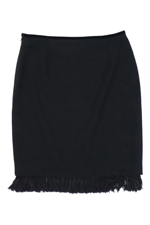 Black wool mini pencil skirt with tonal fringe hem appliqué