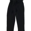 Black wool paperbag waist pull-on high-rise pleated tie-waist trousers with vented cuffs