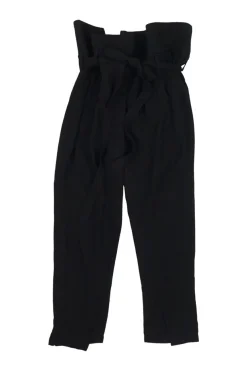 Black wool paperbag waist pull-on high-rise pleated tie-waist trousers with vented cuffs