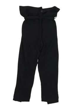 Black wool paperbag waist pull-on high-rise pleated tie-waist trousers with vented cuffs