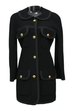 Black wool Peter Pan collar safari-style tailored jacket and pencil skirt two-piece suit set