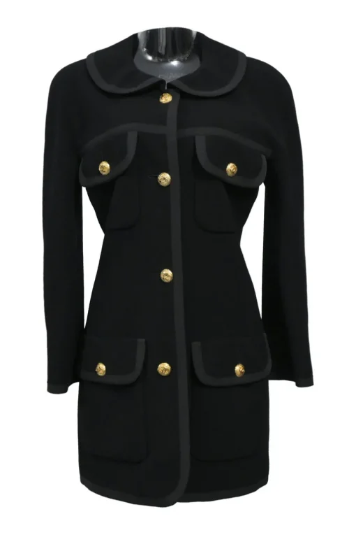 Black wool Peter Pan collar safari-style tailored jacket and pencil skirt two-piece suit set