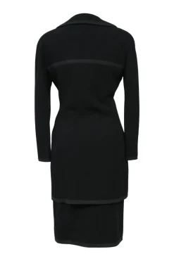 Black wool Peter Pan collar safari-style tailored jacket and pencil skirt two-piece suit set