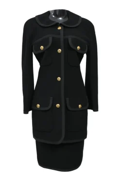 Black wool Peter Pan collar safari-style tailored jacket and pencil skirt two-piece suit set