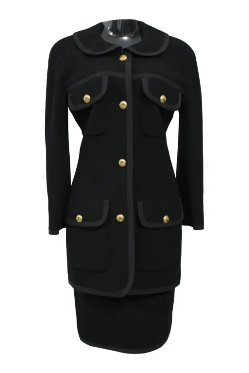 Black wool Peter Pan collar safari-style tailored jacket and pencil skirt two-piece suit set