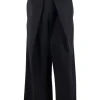 Black wool twill high-rise wide leg straight pants with wide waist band and pleats at front