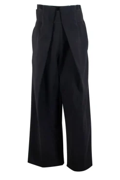 Black wool twill high-rise wide leg straight pants with wide waist band and pleats at front