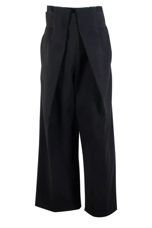 Black wool twill high-rise wide leg straight pants with wide waist band and pleats at front