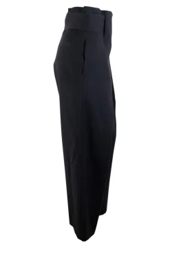 Black wool twill high-rise wide leg straight pants with wide waist band and pleats at front