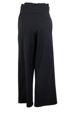 Black wool twill high-rise wide leg straight pants with wide waist band and pleats at front