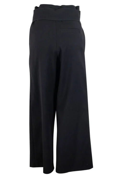 Black wool twill high-rise wide leg straight pants with wide waist band and pleats at front