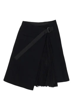 Black wool-blend boiled wool apron-style wrap-front skirt with semi-sheer raw edge plissé insert