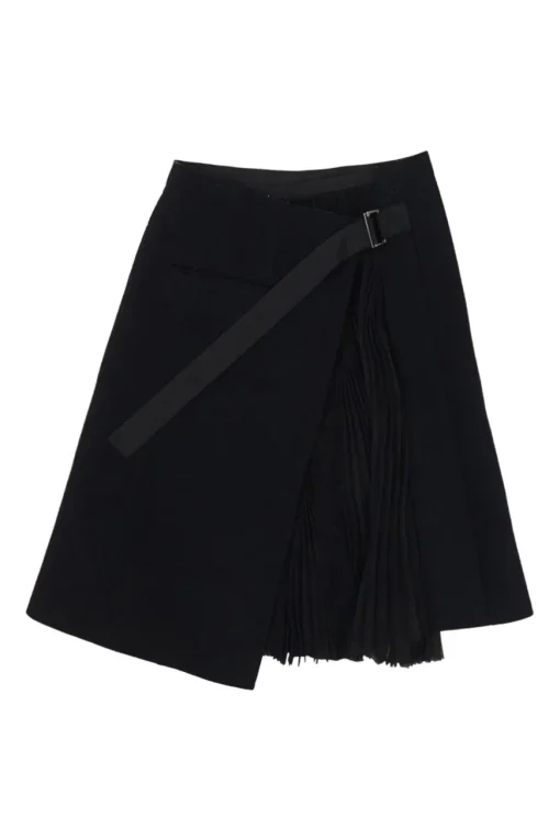 Black wool-blend boiled wool apron-style wrap-front skirt with semi-sheer raw edge plissé insert