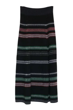 Black wool-blend pull-on striped rib knit midi A-line skirt