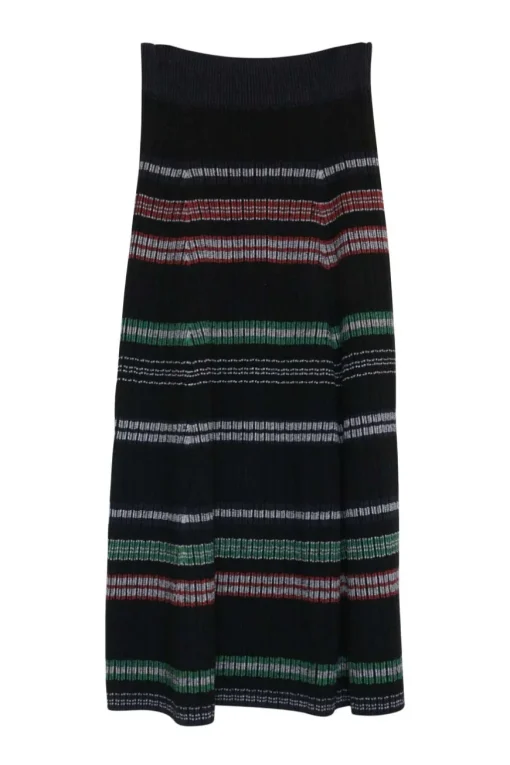 Black wool-blend pull-on striped rib knit midi A-line skirt