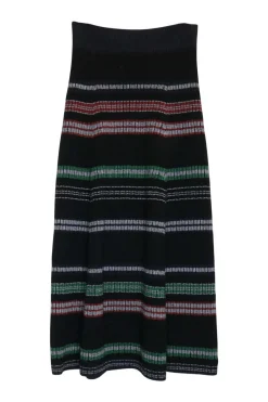 Black wool-blend pull-on striped rib knit midi A-line skirt