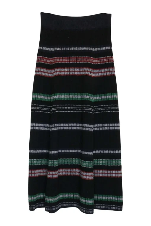 Black wool-blend pull-on striped rib knit midi A-line skirt
