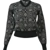 Black wool-blend Since 1854 monogram jacquard knit pullover long sleeve top with rib collar, cuffs, and hem