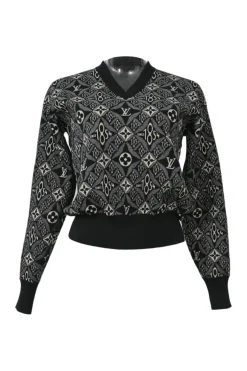 Black wool-blend Since 1854 monogram jacquard knit pullover long sleeve top with rib collar, cuffs, and hem