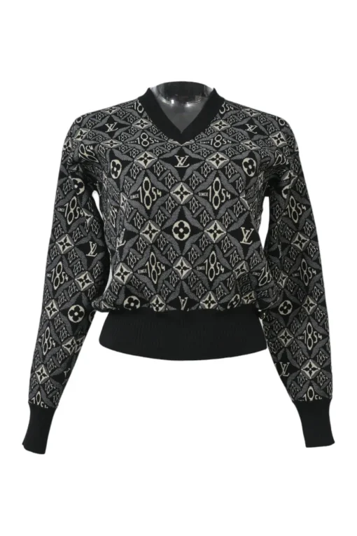 Black wool-blend Since 1854 monogram jacquard knit pullover long sleeve top with rib collar, cuffs, and hem