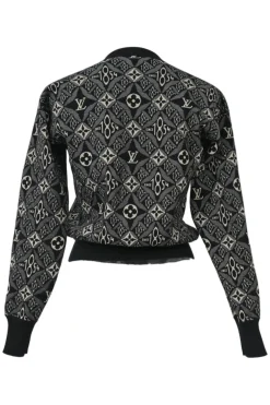 Black wool-blend Since 1854 monogram jacquard knit pullover long sleeve top with rib collar, cuffs, and hem
