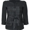 Black wool-blend single breasted collarless tie-waist zip-up tailored jacket with tonal satin appliqué