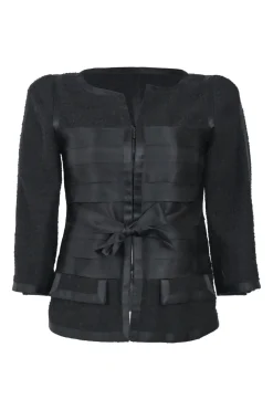 Black wool-blend single breasted collarless tie-waist zip-up tailored jacket with tonal satin appliqué