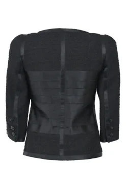 Black wool-blend single breasted collarless tie-waist zip-up tailored jacket with tonal satin appliqué