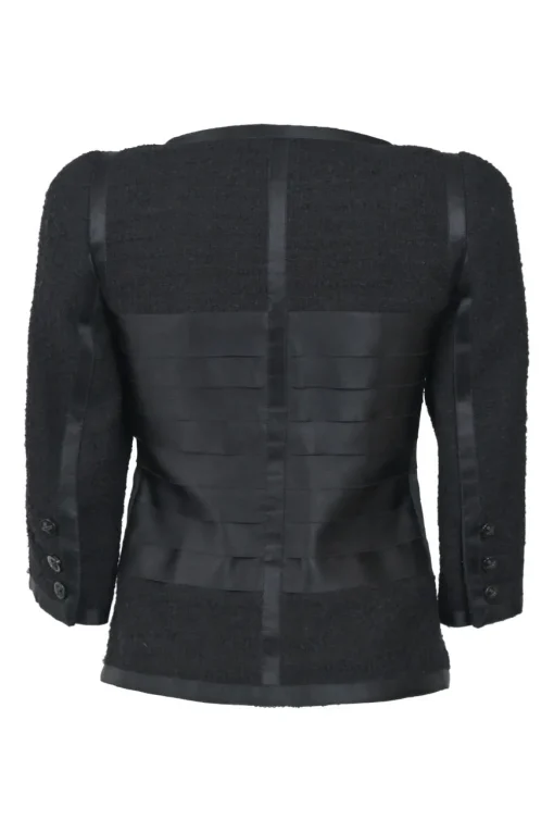 Black wool-blend single breasted collarless tie-waist zip-up tailored jacket with tonal satin appliqué