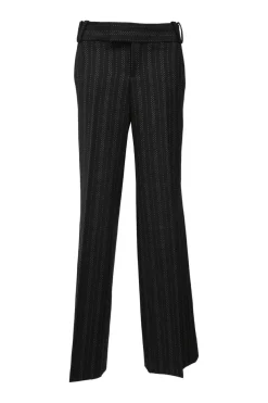 Black wool-blend striped jacquard low-rise flared tailored trousers with extended tab closure