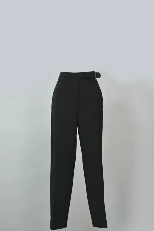 Black wool-blend tapered leg tailored trousers with crystal-embellished belt loop detail