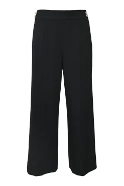 Black wool-blend twill pull-on high-rise wide-leg trousers