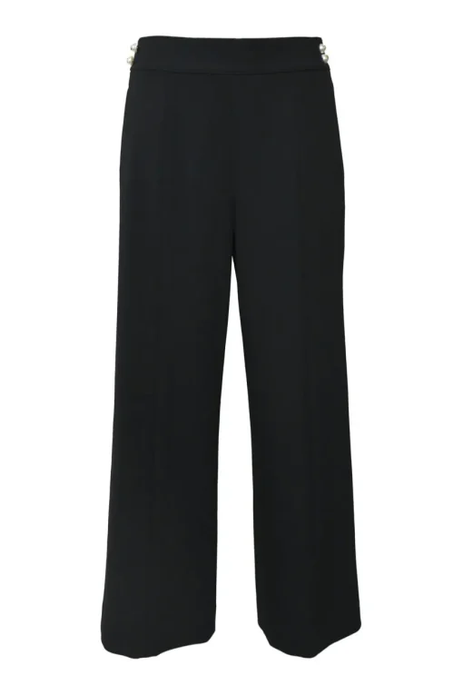 Black wool-blend twill pull-on high-rise wide-leg trousers