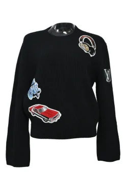 Black wool-blend wide-gauge jersey knit crewneck pullover bell sleeve sweater featuring novelty patch appliqué