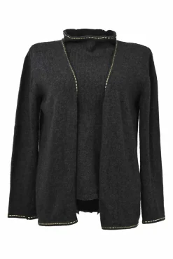 Black wool-cashmere blend funnel collar sleeveless top and open-front flat rib cardigan twin set