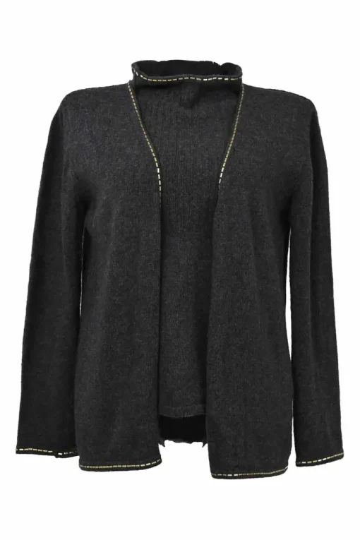 Black wool-cashmere blend funnel collar sleeveless top and open-front flat rib cardigan twin set