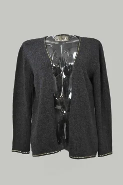 Black wool-cashmere blend funnel collar sleeveless top and open-front flat rib cardigan twin set