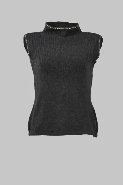 Black wool-cashmere blend funnel collar sleeveless top and open-front flat rib cardigan twin set