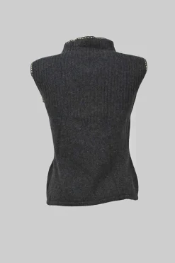 Black wool-cashmere blend funnel collar sleeveless top and open-front flat rib cardigan twin set