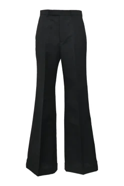 Black wool-mohair blend pull-on high-rise wide-leg tailored trousers with extended tab closure and turn-up cuffs