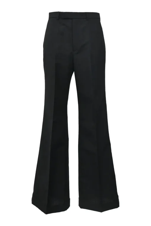 Black wool-mohair blend pull-on high-rise wide-leg tailored trousers with extended tab closure and turn-up cuffs