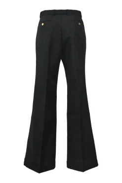 Black wool-mohair blend pull-on high-rise wide-leg tailored trousers with extended tab closure and turn-up cuffs