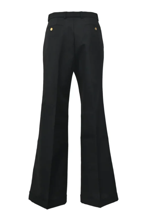 Black wool-mohair blend pull-on high-rise wide-leg tailored trousers with extended tab closure and turn-up cuffs