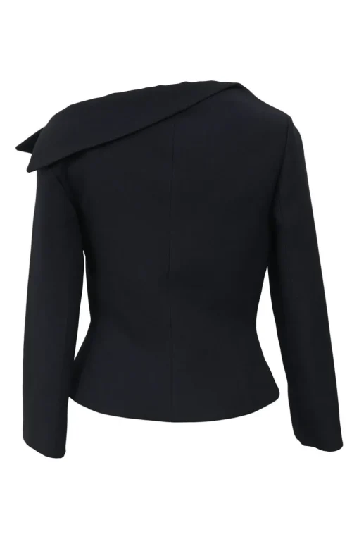 Black wool-silk blend two-piece skirt suit featuring asymmetric spread collar tailored jacket and drop-waist flounce mini skirt